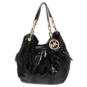 Michael Kors Black Glossy Python Embossed Leather Fulton Shoulder Bag $398